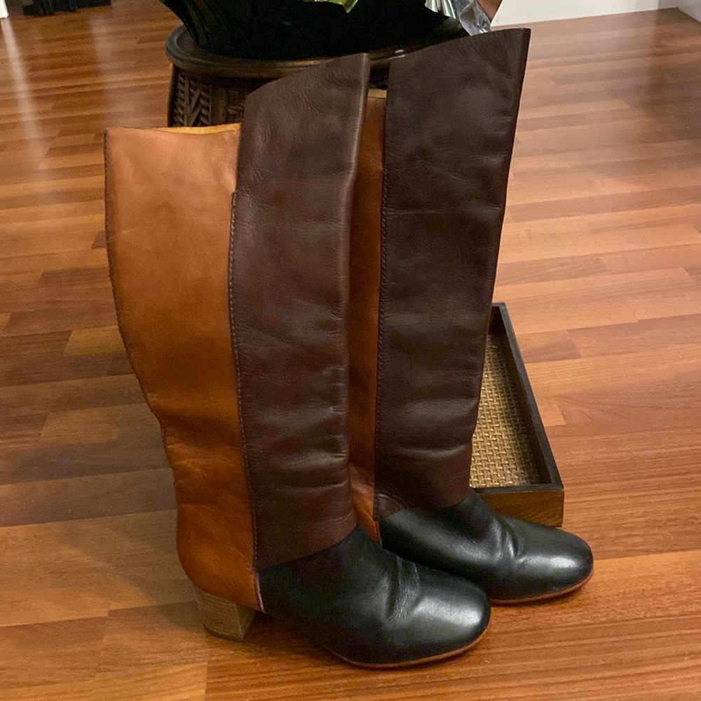 Anthropologie Leifnotes Color Block Knee Length Boots, block heel, size 38